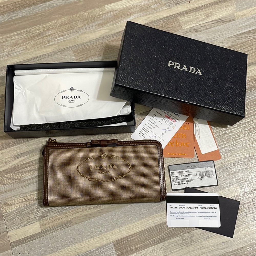 Authentic Prada Logo Jacquard Corda Bruciato Long Wallet